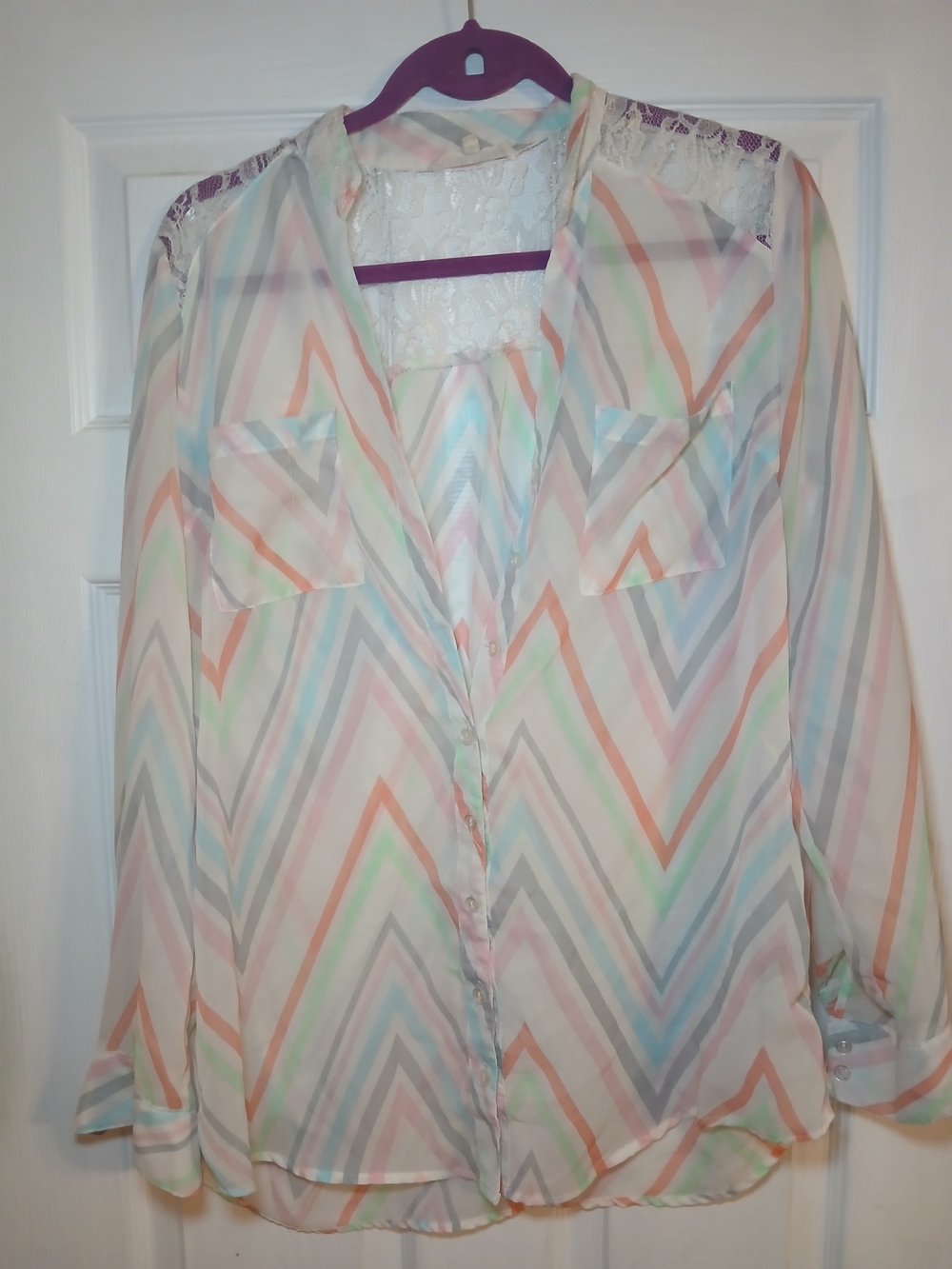 Wishful Park Pastel Chevron Lace-Yoke Blouse